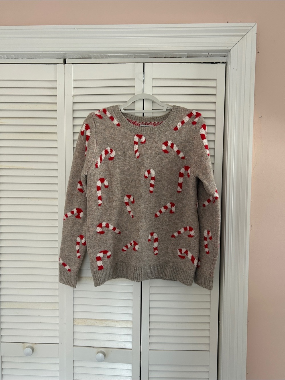 cupcakes & cashmere Beige Candy Cane Crewneck Sweater